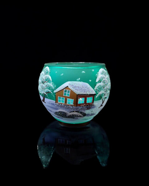 Small Green Glass Candle Holder, Hand Crafted in Ukraine, Brown Cabin Winter Wonderland, Wonderful Year Round