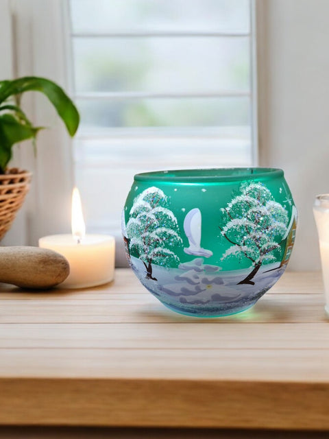 Green Glass Candle Holder - Brown Cabins - Multiple Sizes