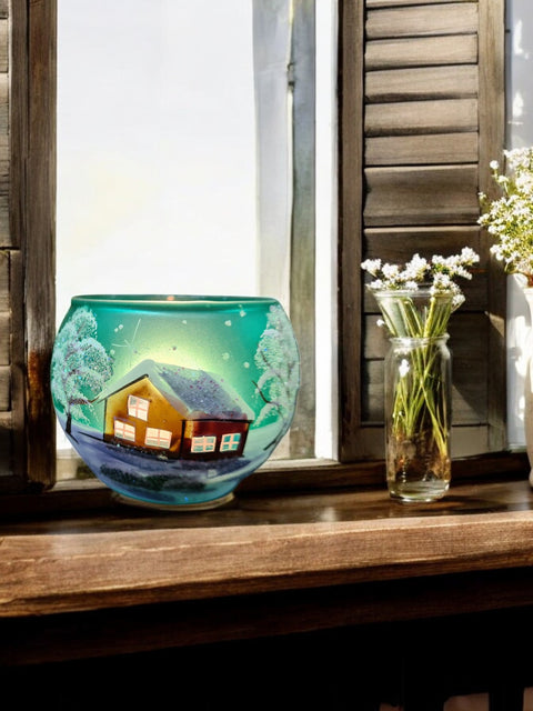 Green Glass Candle Holder - Brown Cabins - Multiple Sizes