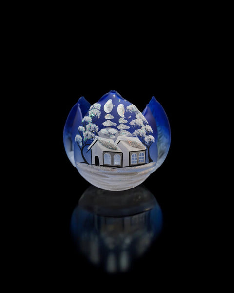 Blue Glass Lotus Blossom Candle Holder, Hand Crafted in Ukraine, White Cabin Winter Wonderland, Wonderful Year Round