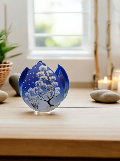 Blue Glass Lotus Blossom Candle Holder, Hand Crafted in Ukraine, White Cabin Winter Wonderland, Wonderful Year Round