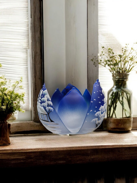 Blue Glass Lotus Blossom Candle Holder, Hand Crafted in Ukraine, White Cabin Winter Wonderland, Wonderful Year Round