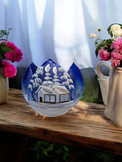 Blue Glass Lotus Blossom Candle Holder, Hand Crafted in Ukraine, White Cabin Winter Wonderland, Wonderful Year Round