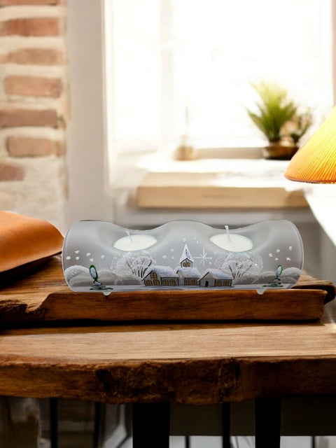 Frosted Glass Double Candle Holder, Hand Crafted in Ukraine, White Church Winter Wonderland, Wonderful Year Round