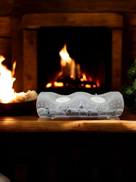 Frosted Glass Double Candle Holder  - White Church Yule Log Style