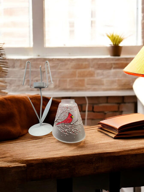 Frosted Glass Lamp Candle Holder - Red Cardinal