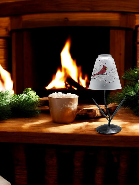 Frosted Glass Lamp Candle Holder  - Red Cardinal