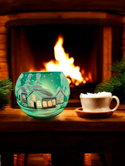 Large Green Glass Candle Holder, Hand Crafted in Ukraine, White Church Winter Wonderland, Wonderful Year Round