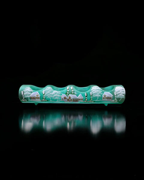 Green Glass Quad Candle Holder, Hand Crafted in Ukraine, White Cabin Winter Wonderland, Wonderful Year Round