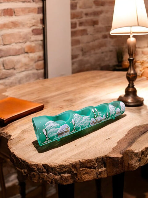 Green Glass Quad Candle Holder - White Cabins Yule Log Style