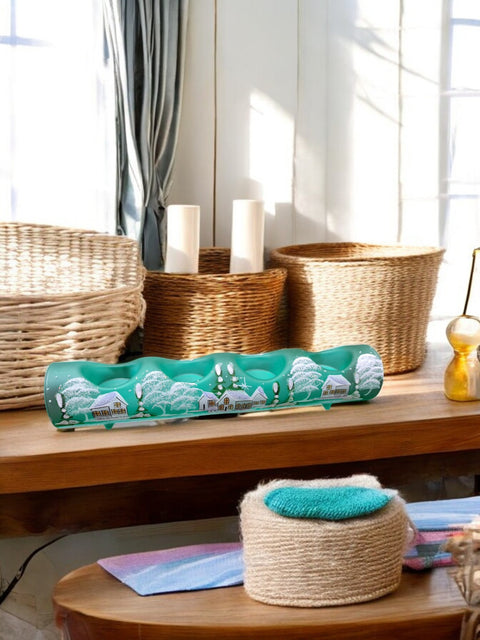 Green Glass Quad Candle Holder - White Cabins Yule Log Style