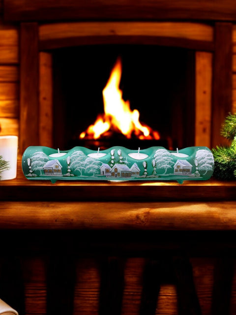 Green Glass Quad Candle Holder  - White Cabins Yule Log Style