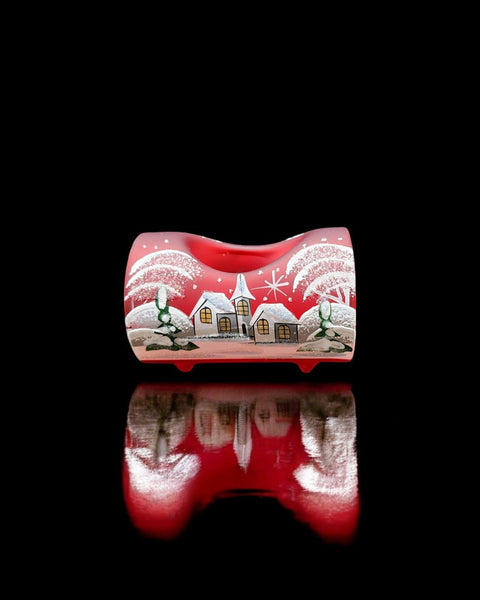 Red Glass Single Candle Holder, Hand Crafted in Ukraine, White Church Winter Wonderland, Wonderful Year Round