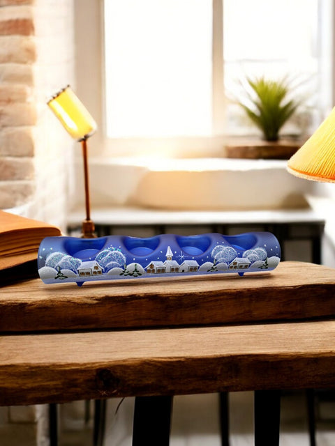 Blue Glass Quad Candle Holder  - White Church Yule Log Style