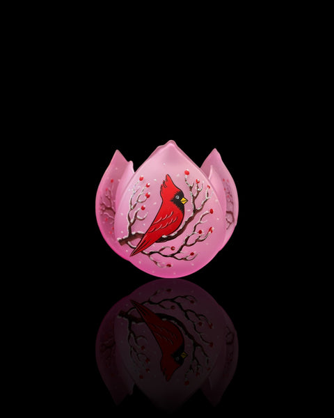 Pink Glass Lotus Blossom Candle Holder  - Red Cardinal