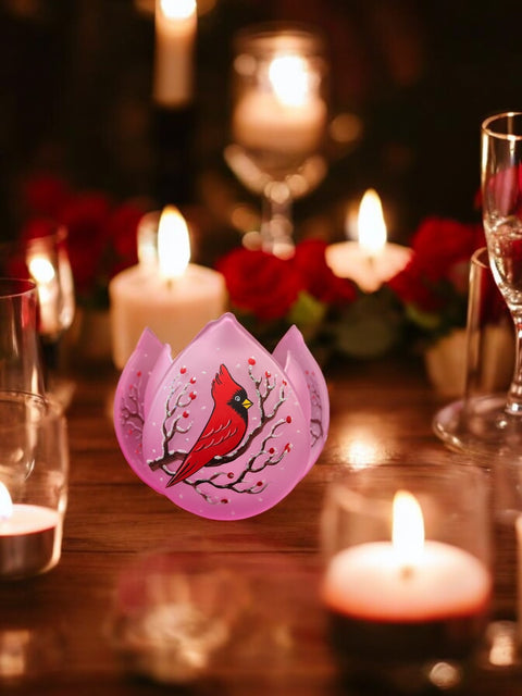 Pink Glass Lotus Blossom Candle Holder  - Red Cardinal