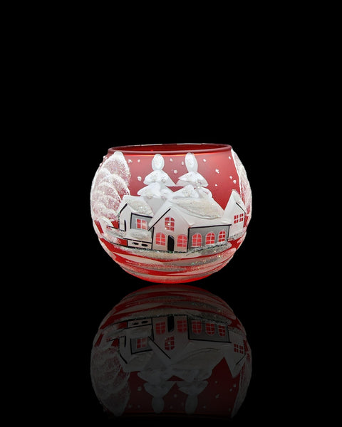 Red Glass Candle Holder, Hand Crafted in Ukraine, White Cabin Winter Wonderland, Wonderful Year Round