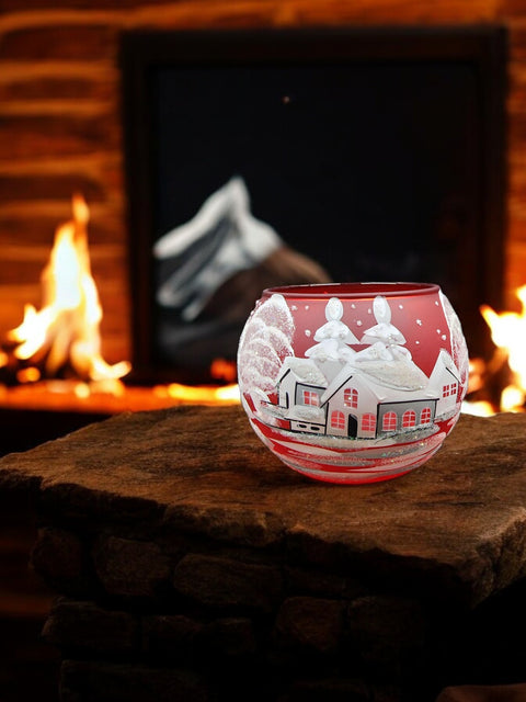 Red Glass Candle Holder - White Cabins - Multiple Sizes