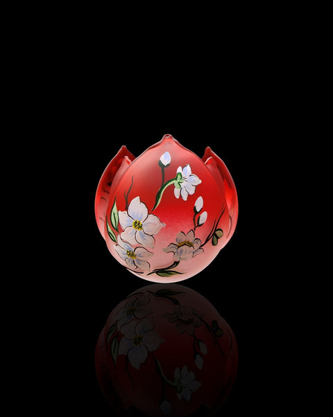 Red Glass Lotus Blossom Candle Holder  - Dogwood Flower