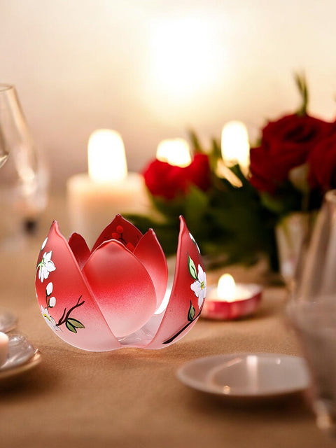 Red Glass Lotus Blossom Candle Holder  - Dogwood Flower