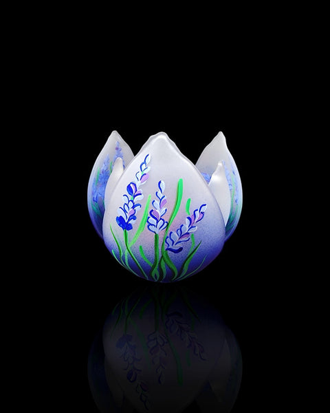 Blue  Glass Lotus Blossom Candle Holder  - Lavender Flower Design