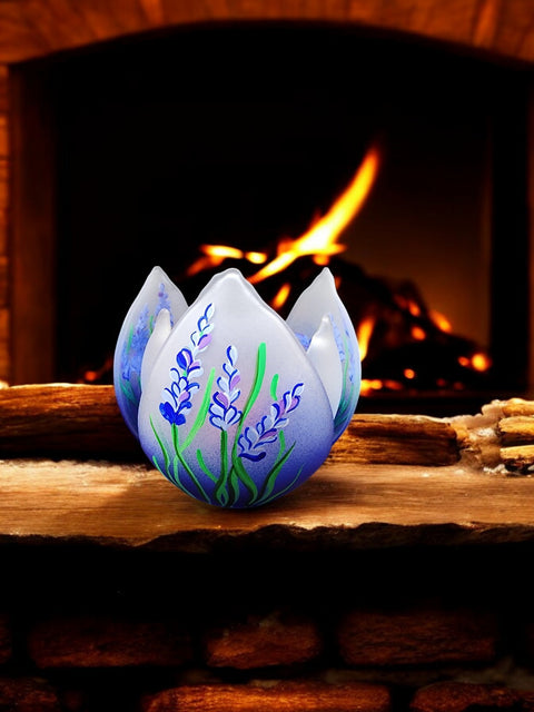 Blue  Glass Lotus Blossom Candle Holder  - Lavender Flower Design