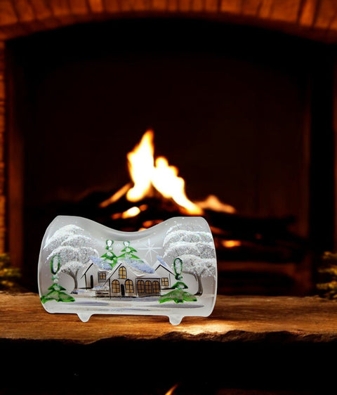 Frosted Glass Single Candle Holder  - White Cabins  Yule Log Style