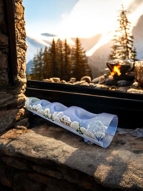 Light Blue Glass Quad Candle Holder - White Cabins Yule Log Style