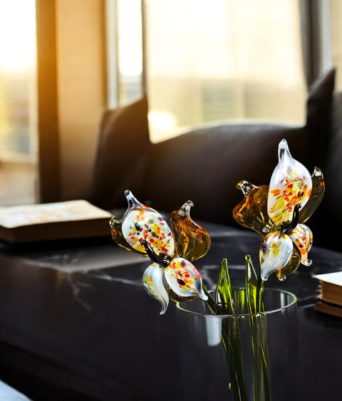 Amber Glass Orchid, Handcrafted Glass Flower, Hand Made In Ukraine Using Murano Quality Glass, Great Gift For Flower Lovers, 12 Inch Orchid