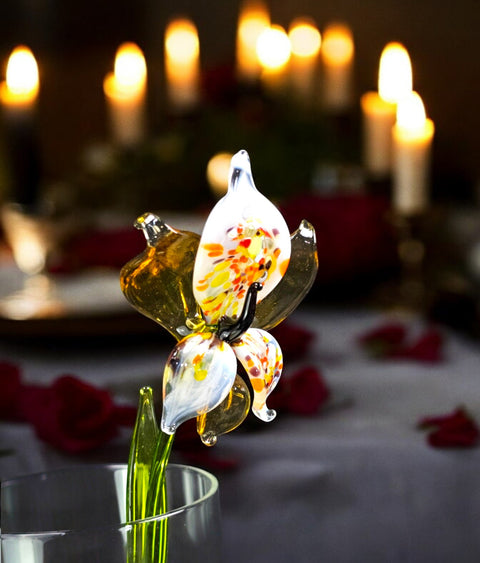 Amber Glass Orchid, Handcrafted Glass Flower, Hand Made In Ukraine Using Murano Quality Glass, Great Gift For Flower Lovers, 12 Inch Orchid