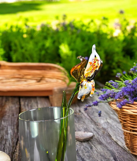 Amber Glass Orchid, Handcrafted Glass Flower, Hand Made In Ukraine Using Murano Quality Glass, Great Gift For Flower Lovers, 12 Inch Orchid