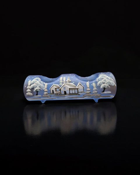 Light Blue Glass Double Candle Holder  - White Church Yule Log Style