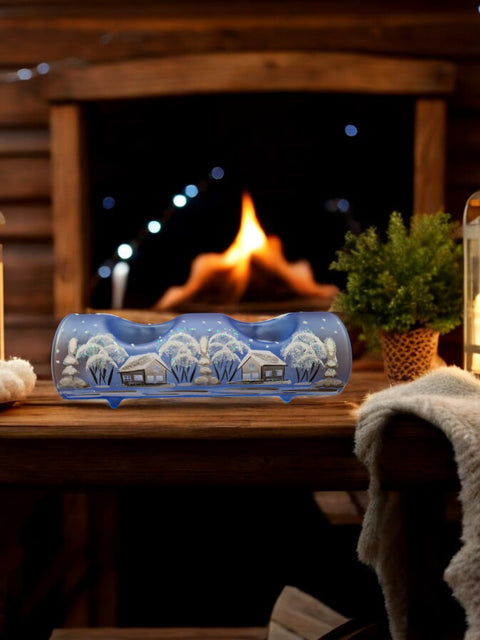 Light Blue Glass Double Candle Holder - White Church Yule Log Style