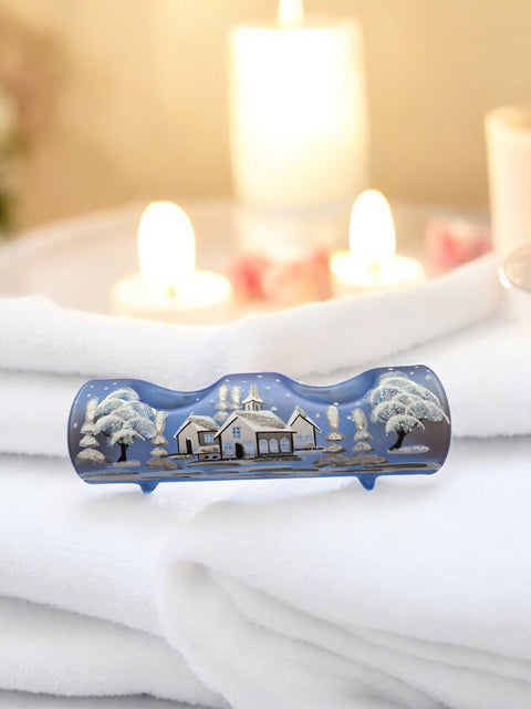 Light Blue Glass Double Candle Holder - White Church Yule Log Style