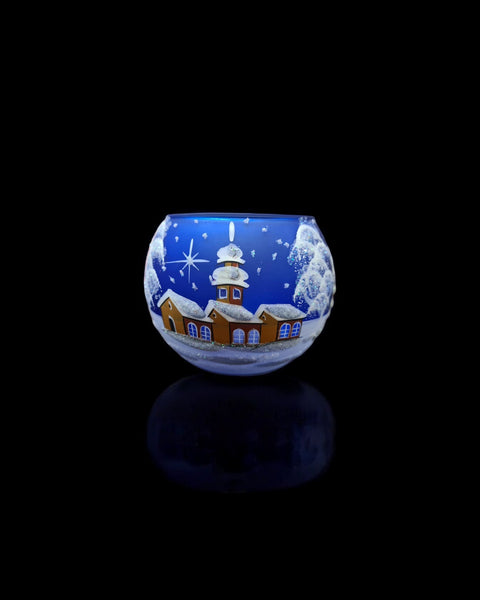 Small Blue Glass Candle Holder, Hand Crafted in Ukraine, Brown Cathedral Winter Wonderland, Wonderful Year Round
