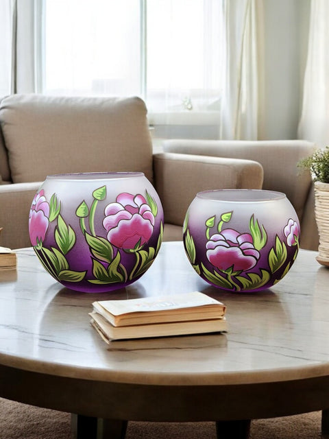 Large Purple Glass Candle Holder, Hand Crafted in Ukraine, Peony Flower Design, Wonderful Year Round