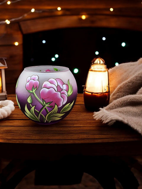 Large Purple Glass Candle Holder, Hand Crafted in Ukraine, Peony Flower Design, Wonderful Year Round