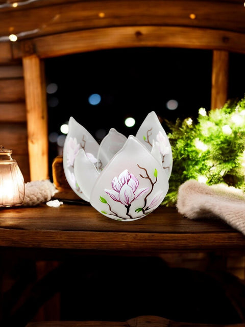 Frosted Glass Lotus Blossom Candle Holder  - Magnolia Flower