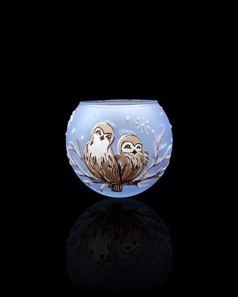 Medium Light Blue Glass Candle Holder, Hand Crafted in Ukraine, Love Owls Design, Wonderful Year Round