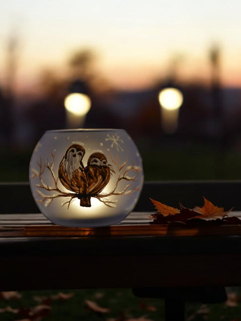 Light Blue Glass Candle Holder - Love Owls - Multiple Sizes