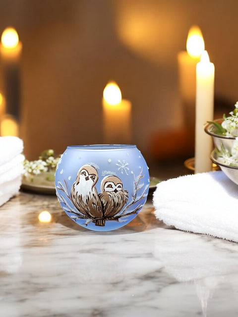Large Light Blue Glass Candle Holder, Hand Crafted in Ukraine, Love Owls Design, Wonderful Year Round