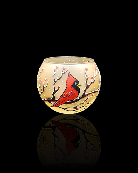 Yellow Glass Candle Holder - Red Cardinal - Multiple Sizes