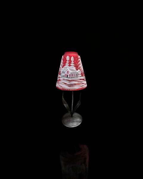 Red Glass Lamp Candle Holder, Hand Crafted in Ukraine, White Cabin Winter Wonderland, Wonderful Year Round