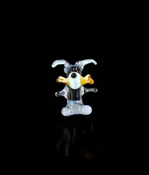 White Dog W Bone Figurine, Mini Glass Murano Quality Lampworking Glass Figurine, Hand Made In Ukraine, A Great Addition To Your Collection