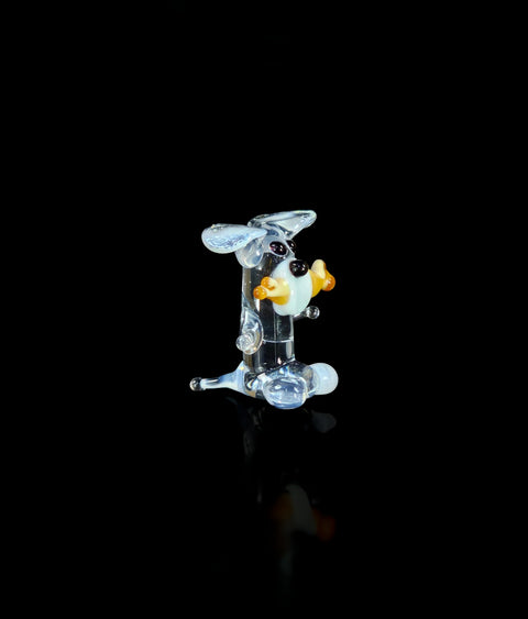 White Dog W Bone Figurine, Mini Glass Murano Quality Lampworking Glass Figurine, Hand Made In Ukraine, A Great Addition To Your Collection