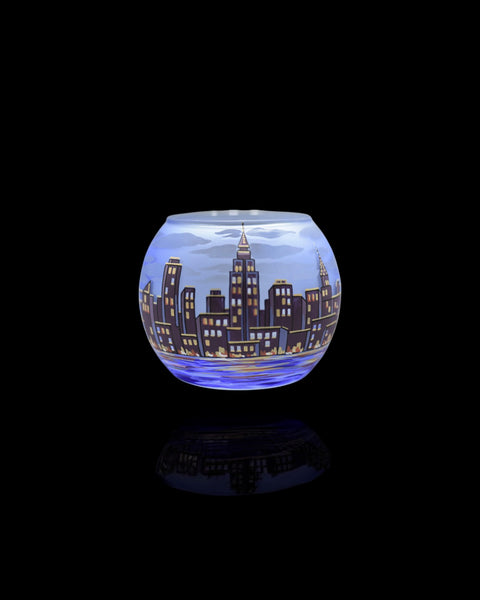 Light Blue Glass Candle Holder, Hand Crafted in Ukraine, NYC Skyline, Wonderful Year Round
