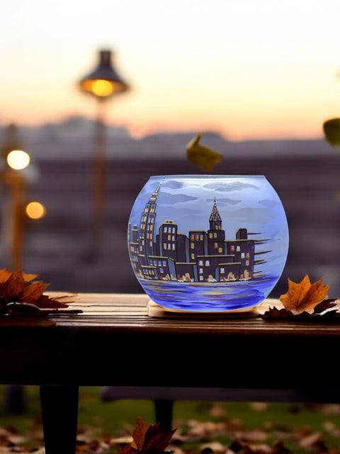 Light Blue Glass Candle Holder, Hand Crafted in Ukraine, NYC Skyline, Wonderful Year Round