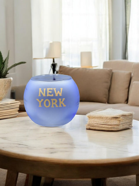 Light Blue Glass Candle Holder, Hand Crafted in Ukraine, NYC Skyline, Wonderful Year Round