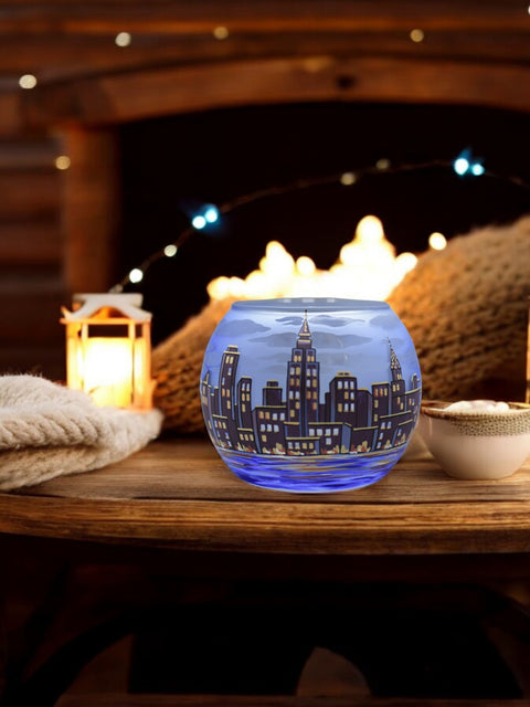 Light Blue Glass Candle Holder, Hand Crafted in Ukraine, NYC Skyline, Wonderful Year Round