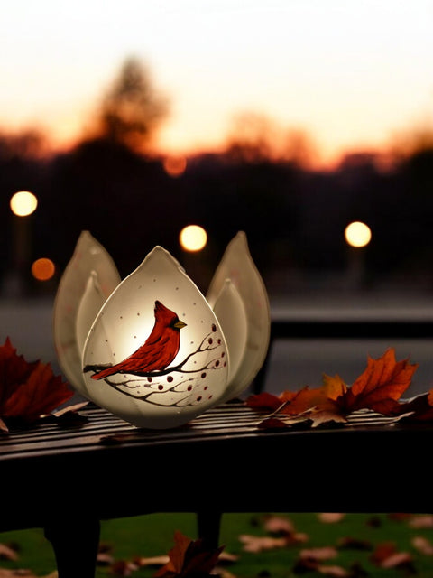 Frosted Glass Lotus Blossom Candle Holder - Red Cardinal